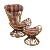Fauteuil avec tabouret en bambou recouvert d'un coussin en tissus de Suède de 1960s