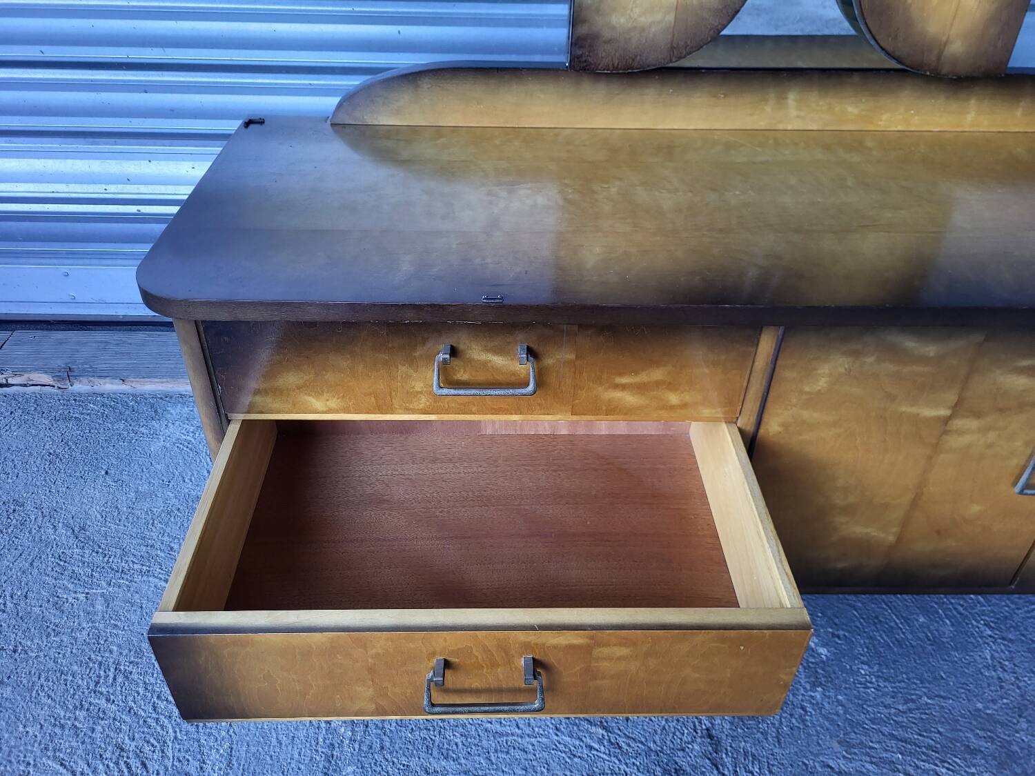 Vintage Scandinavian style dressing table, chest of drawers, triptych mirror and bedside table