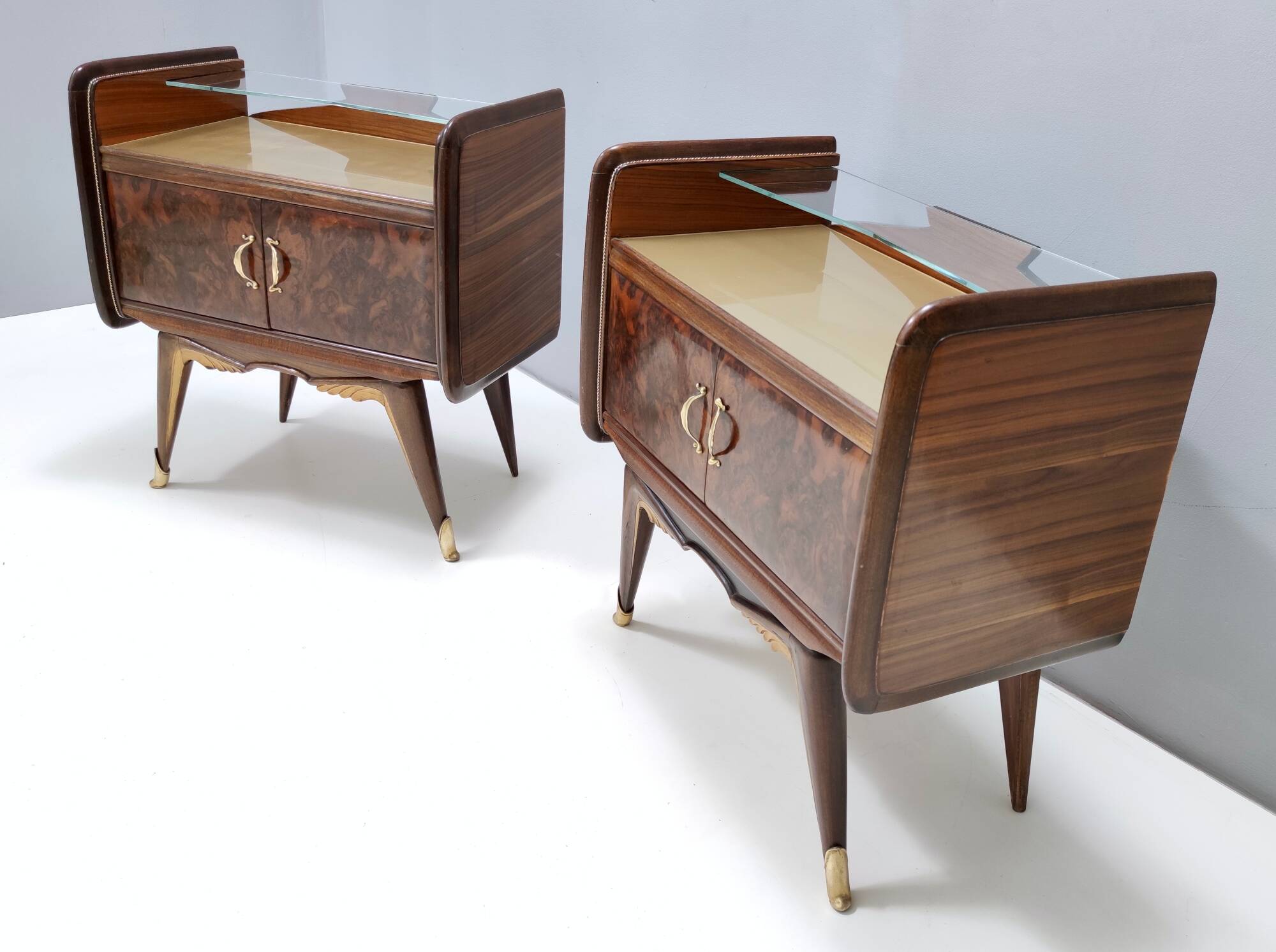 Pair of Walnut Nightstands with Golden Back-Painted Glass Top, Italy