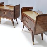 Pair of Walnut Nightstands with Golden Back-Painted Glass Top, Italy