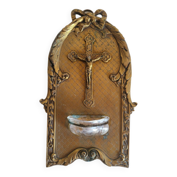 Antique Wall-mounted Bronze Font in Louis XVI Style Crucifix Cross