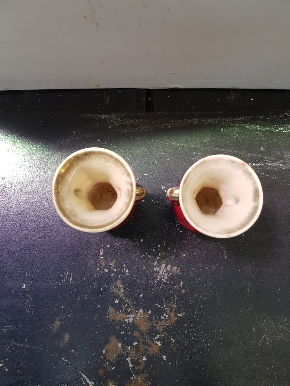 Pair of old beige & red ceramic vases