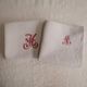 Set of 2 linen tea towels, red embroidery, monogram M