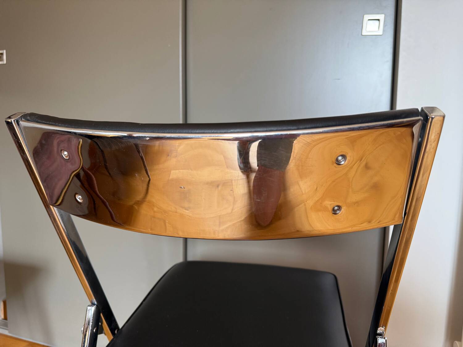 Black faux leather folding chairs with chrome steel, vintage 70s.