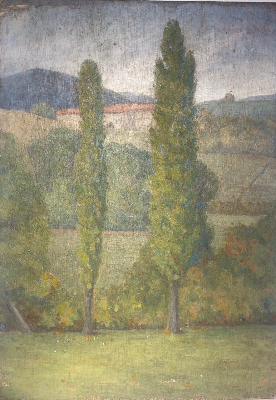 Tableau ancien, double face, paysage bord de Saône, début XX siècle