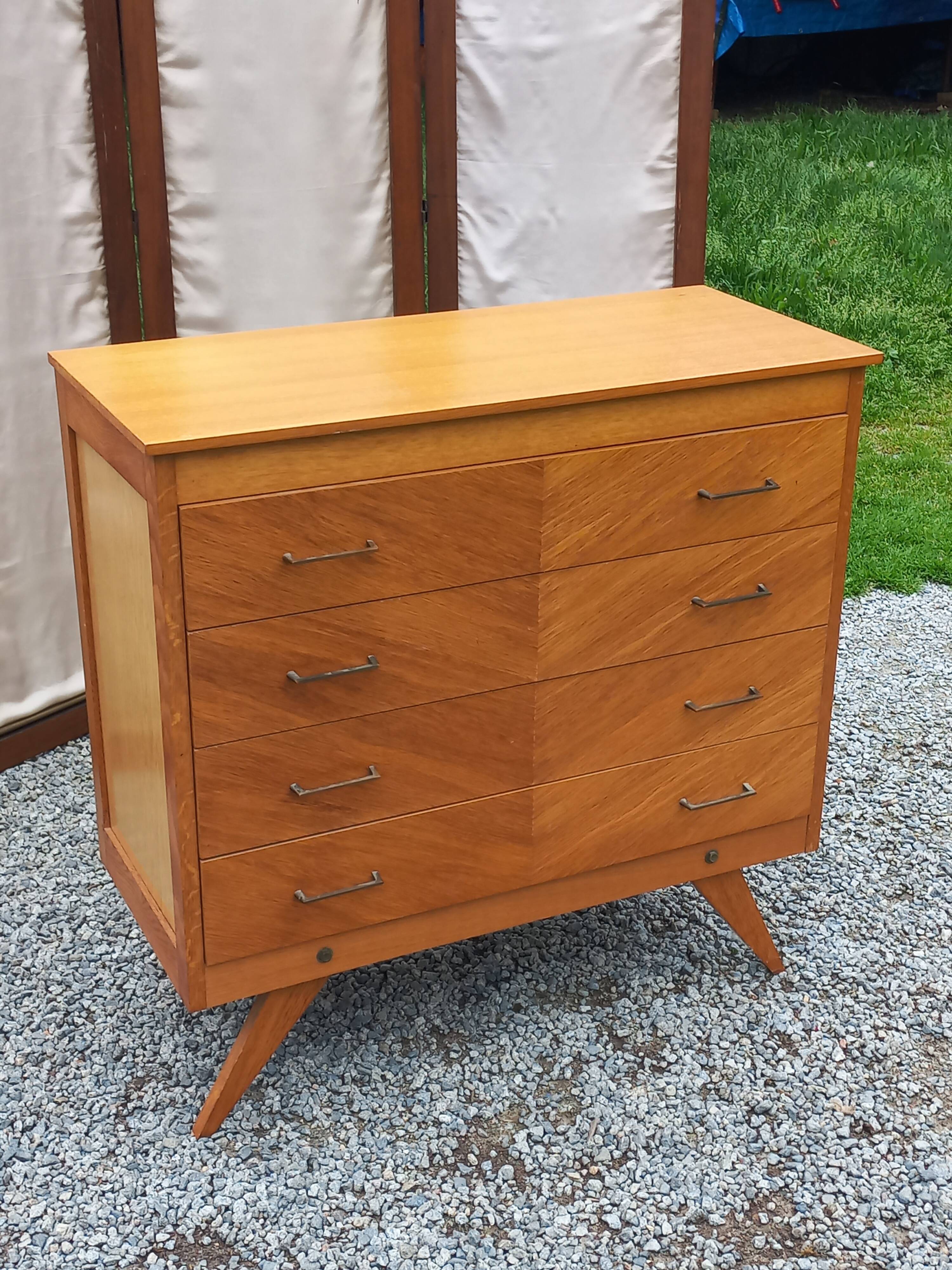 Vintage chest of drawers in blond and golden oak, compass legs and 4 drawers, 1950s