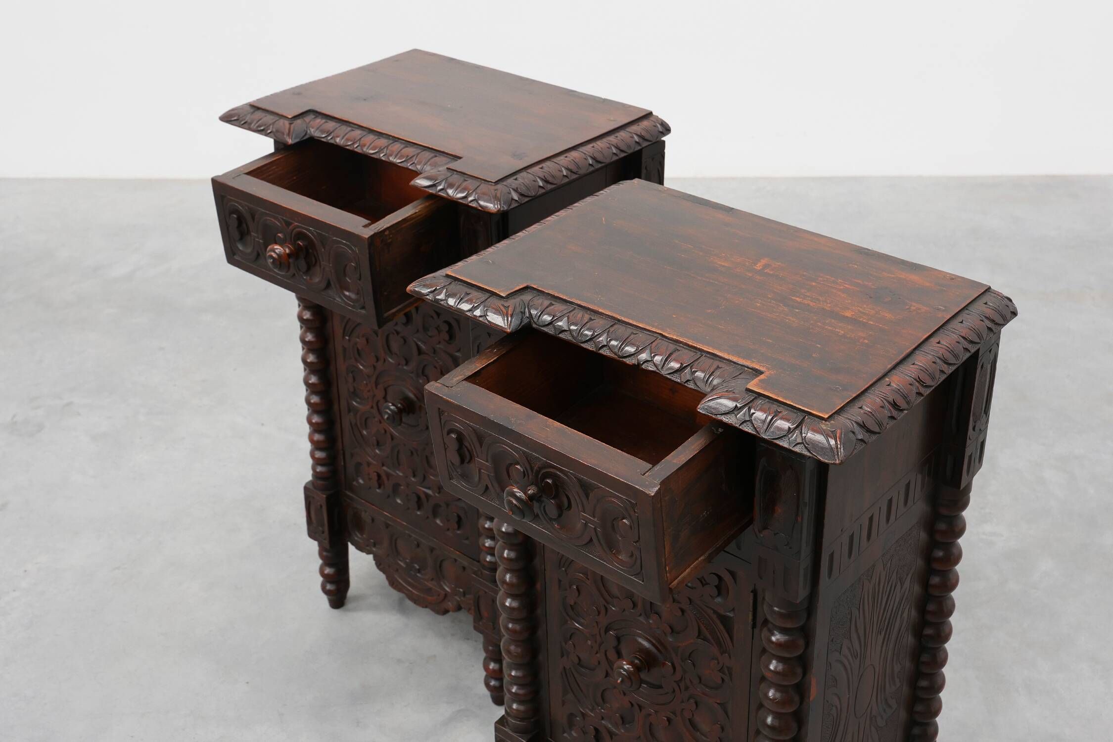Pair of Breton Carved Oak Bedside Cabinets, France, circa 1900