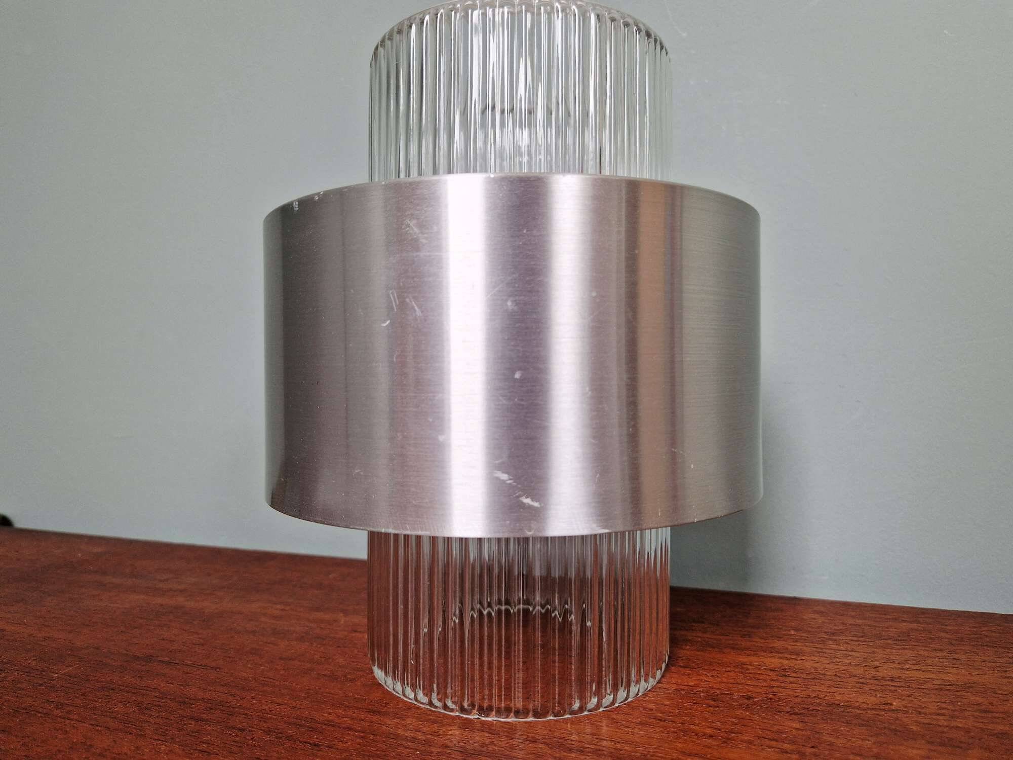 Scandinavian pendant light in grooved transparent glass and brushed aluminum, 1960