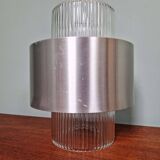 Scandinavian pendant light in grooved transparent glass and brushed aluminum, 1960