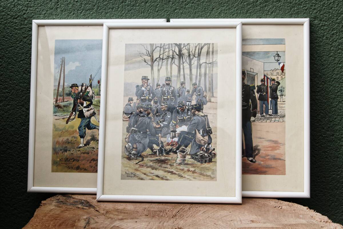 Set of 3 military drawings, watercolor and gouache by Pierre Albert Leroux