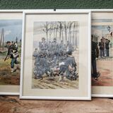 Set of 3 military drawings, watercolor and gouache by Pierre Albert Leroux