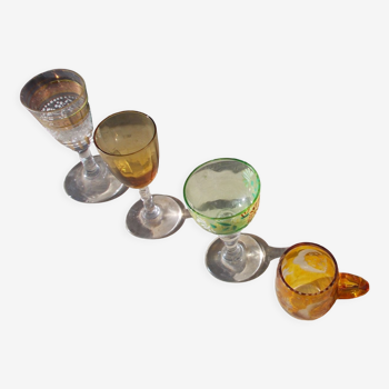 4 old enamelled liqueur glasses