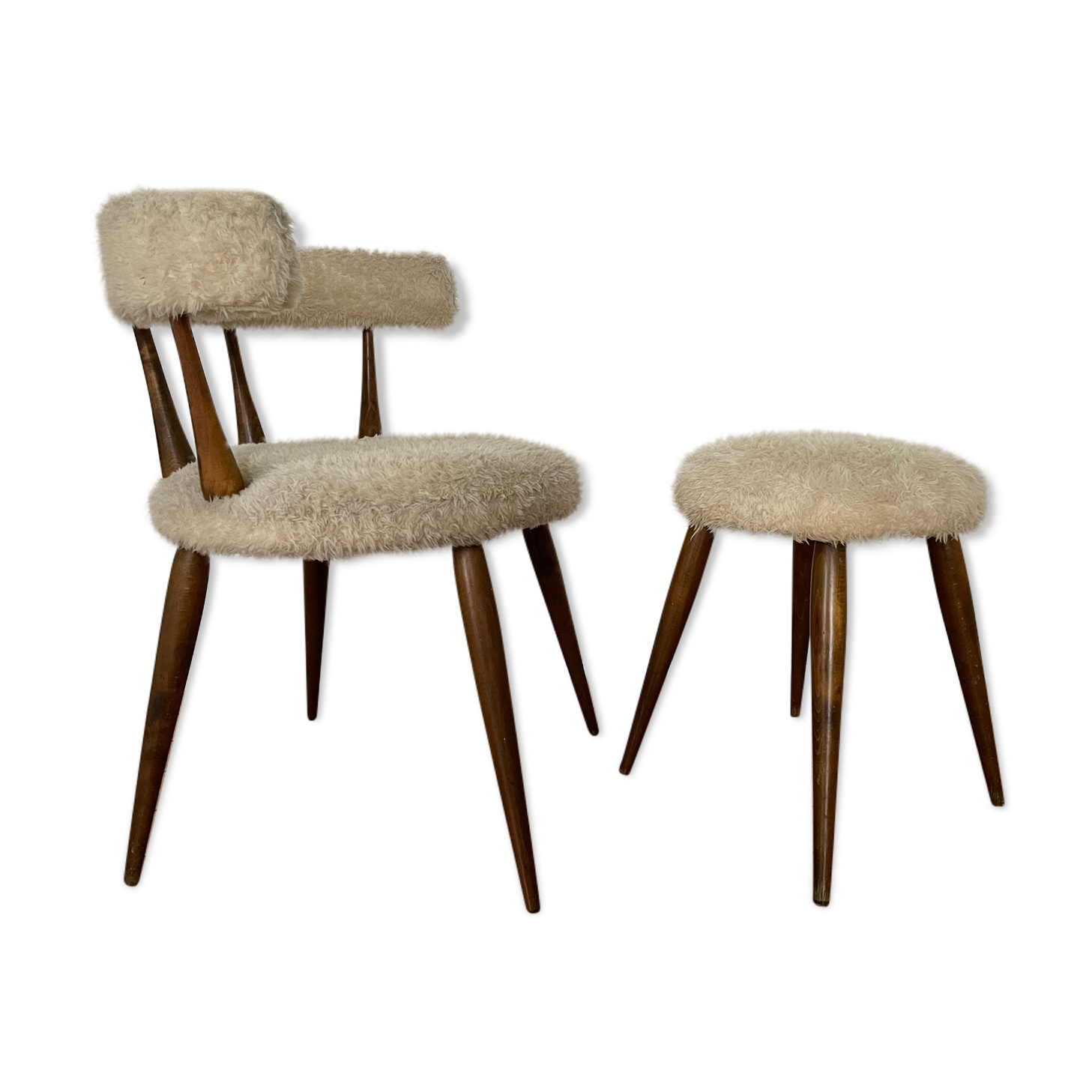 Set of 1 armchair and 1 vintage Scandinavian stool with white fur, 1960