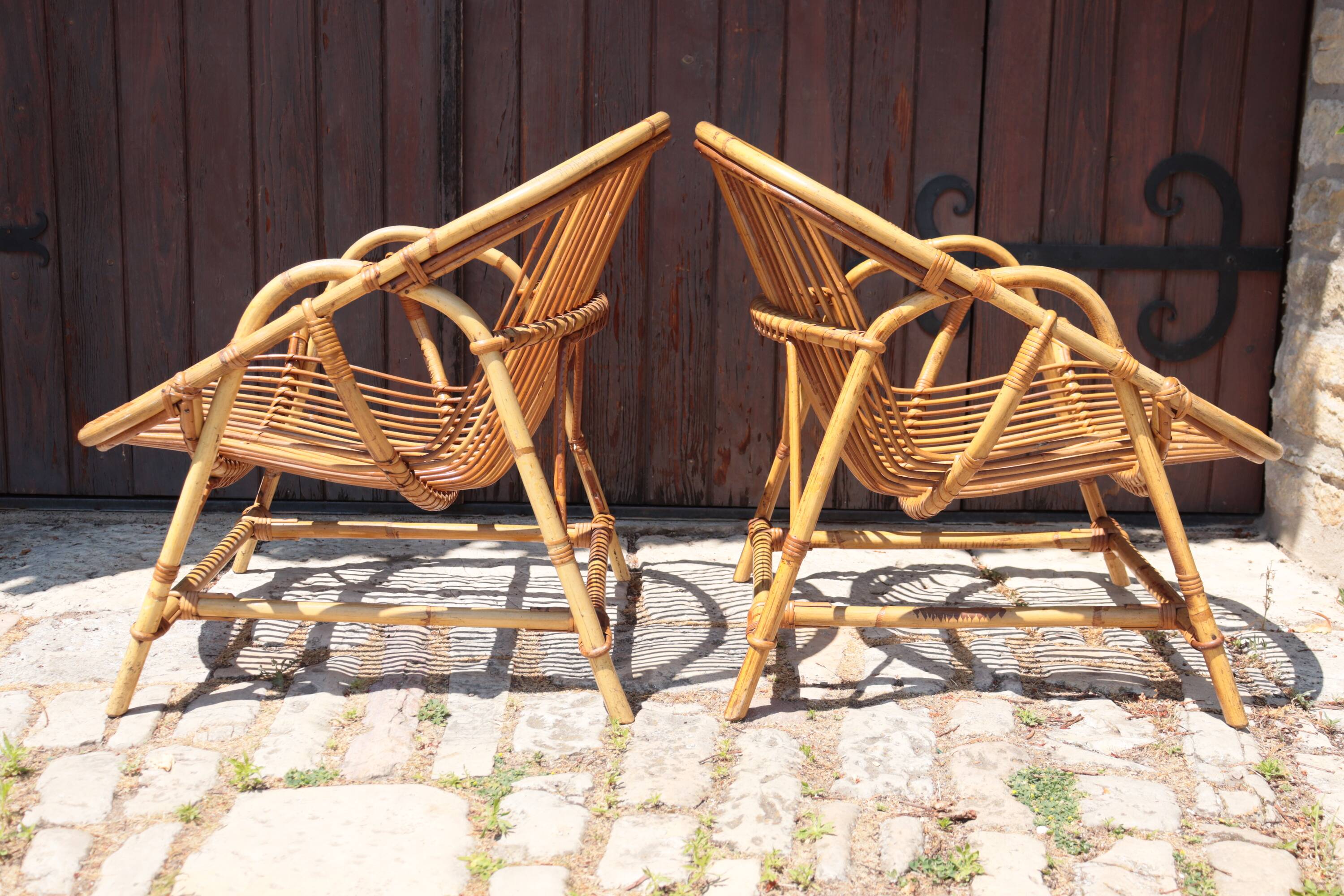 Pair of rattan armchairs Audoux-Minnet style