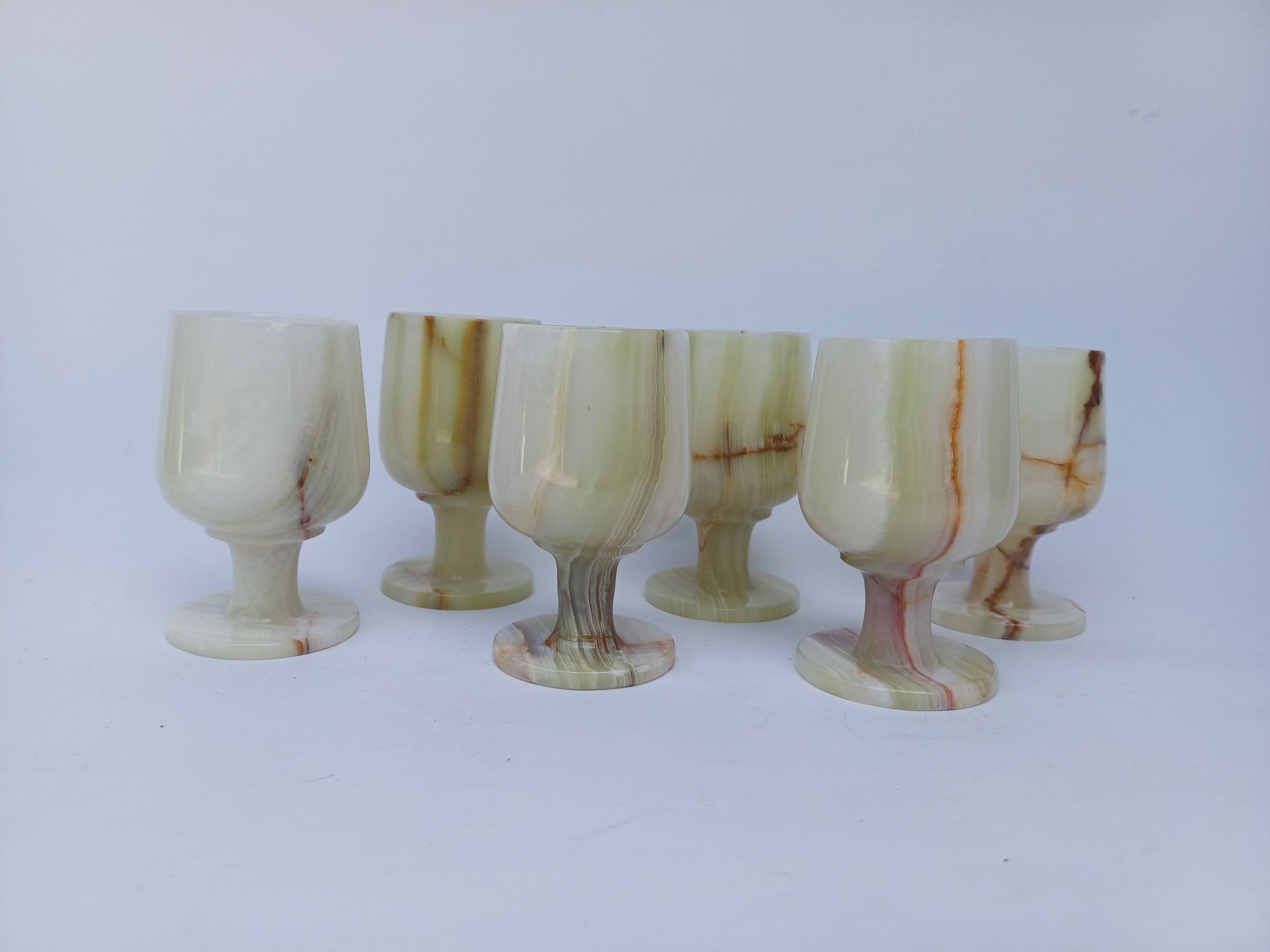 set of 6 small wine glasses in green alabaster stone