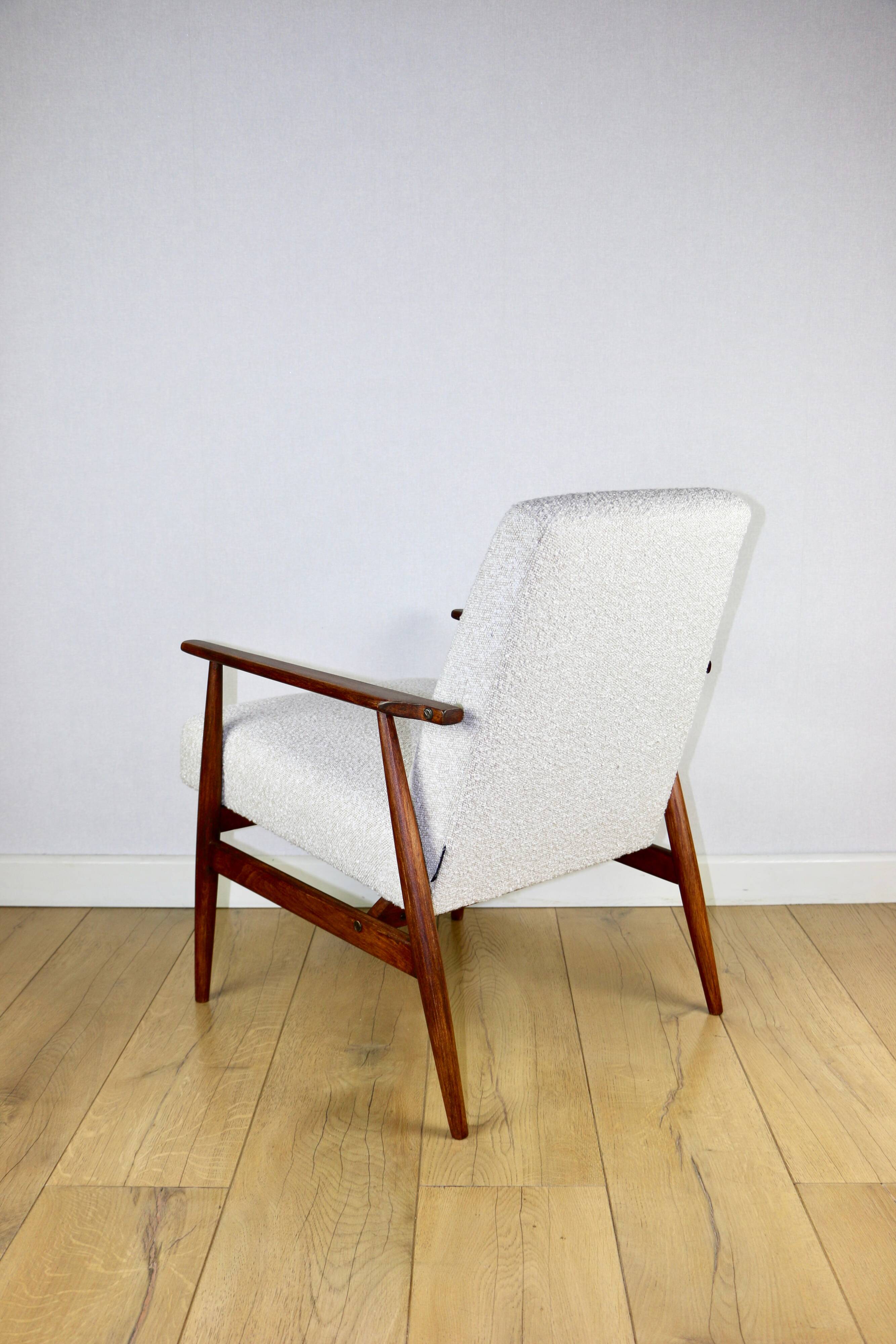 Armchair 'Lis', 1970s, white boucle, design by Henryk Lis - dark wood - 2 pieces available