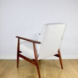 Armchair 'Lis', 1970s, white boucle, design by Henryk Lis - dark wood - 2 pieces available