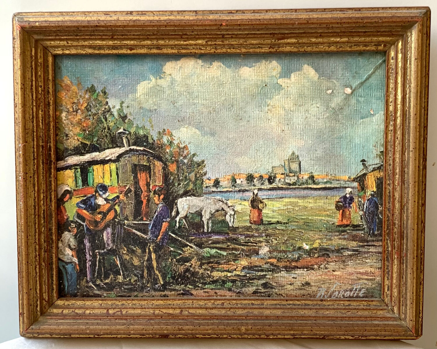 Ancienne peinture camp de gitans vintage