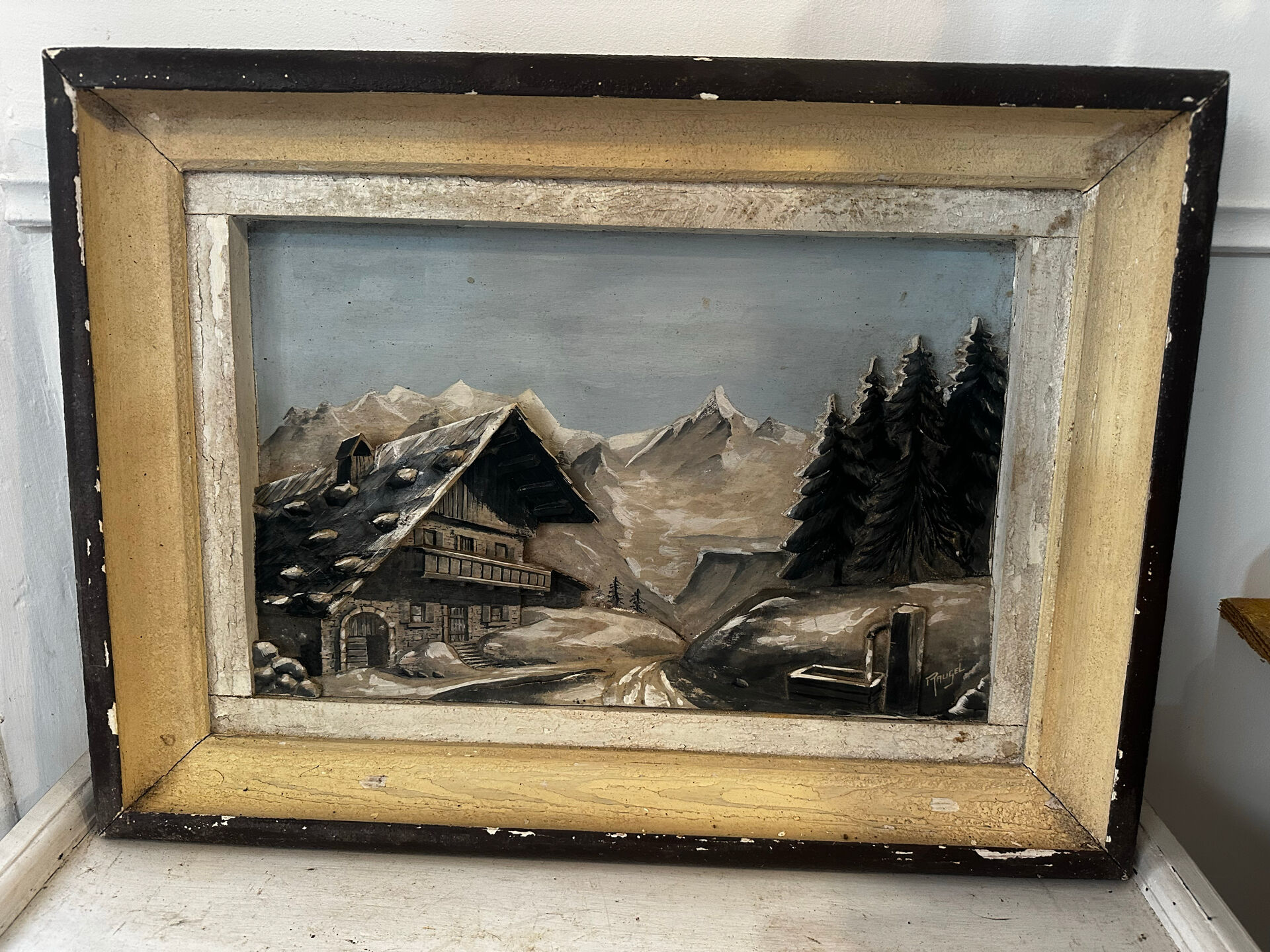 Mid-century carved and painted Alpine table L 56 cm/H 43 cm