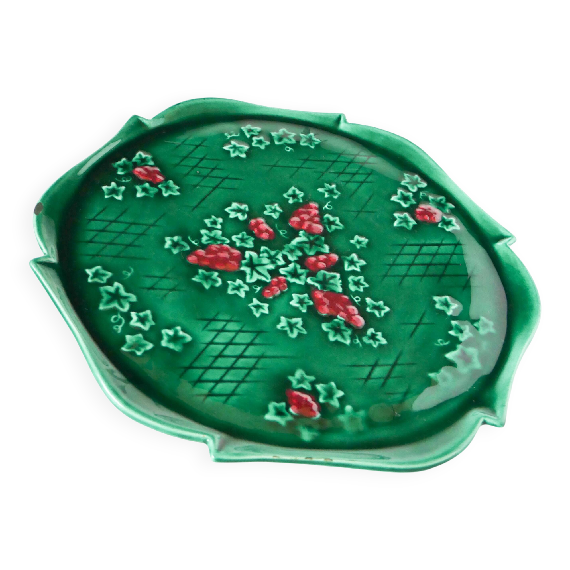grand plat à gâteaux en barbotine, Vert & Bordeaux, 1970