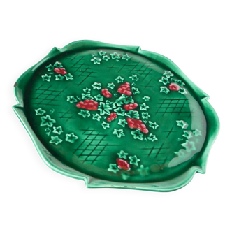 Large earthenware cake platter, Green & Bordeaux, 1970