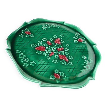 grand plat à gâteaux en barbotine, Vert & Bordeaux, 1970