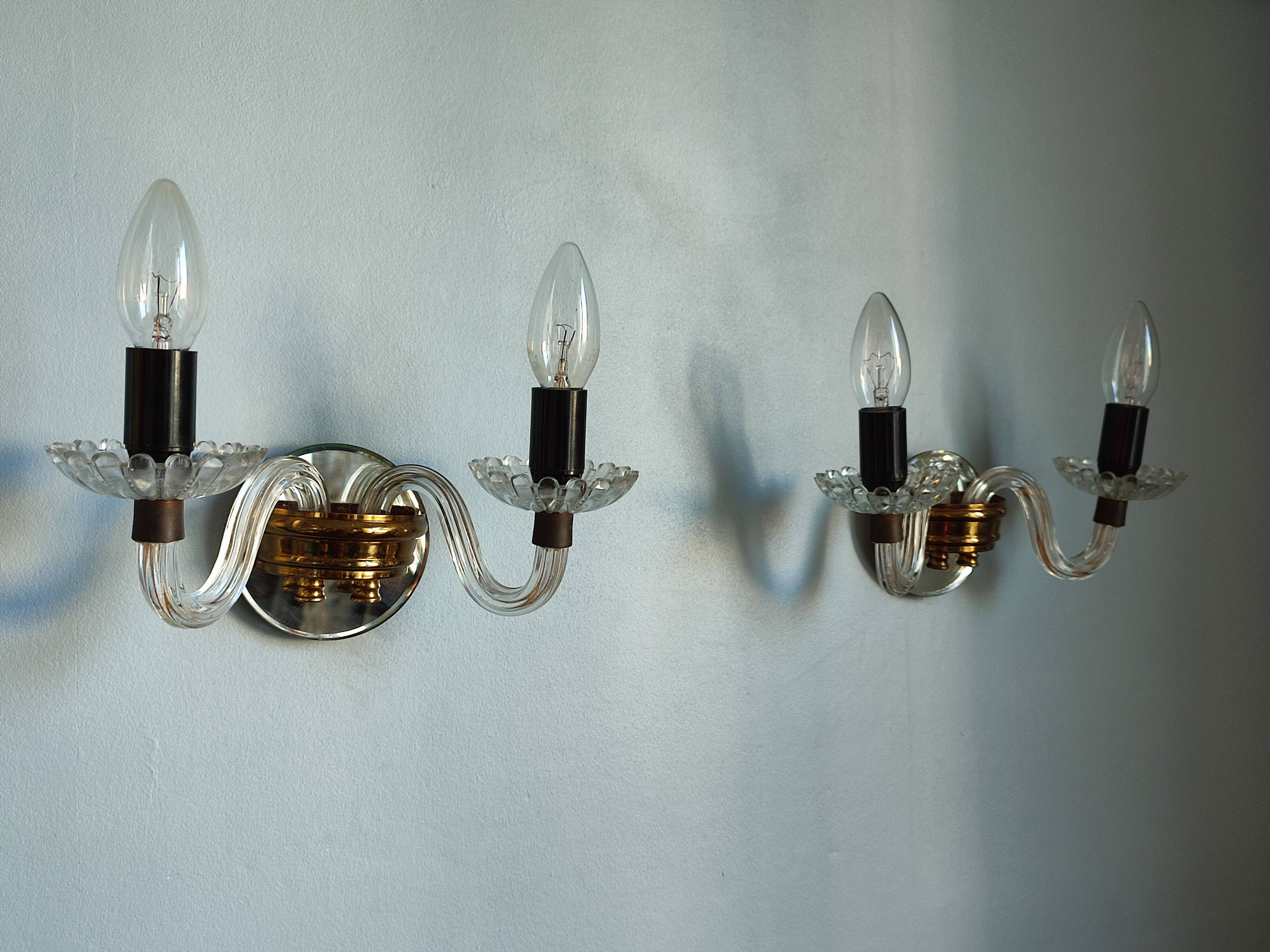Pair of vintage glass/mirror two-arm wall lights