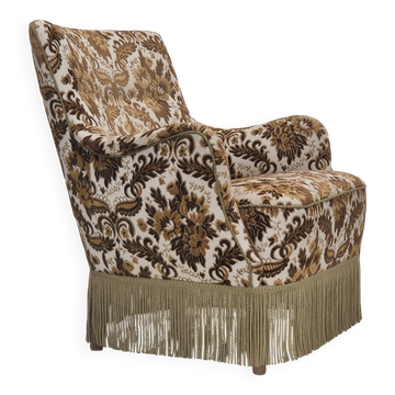 Fauteuil danois des années 1960, tissu velours d'ameublement, bois de frêne.