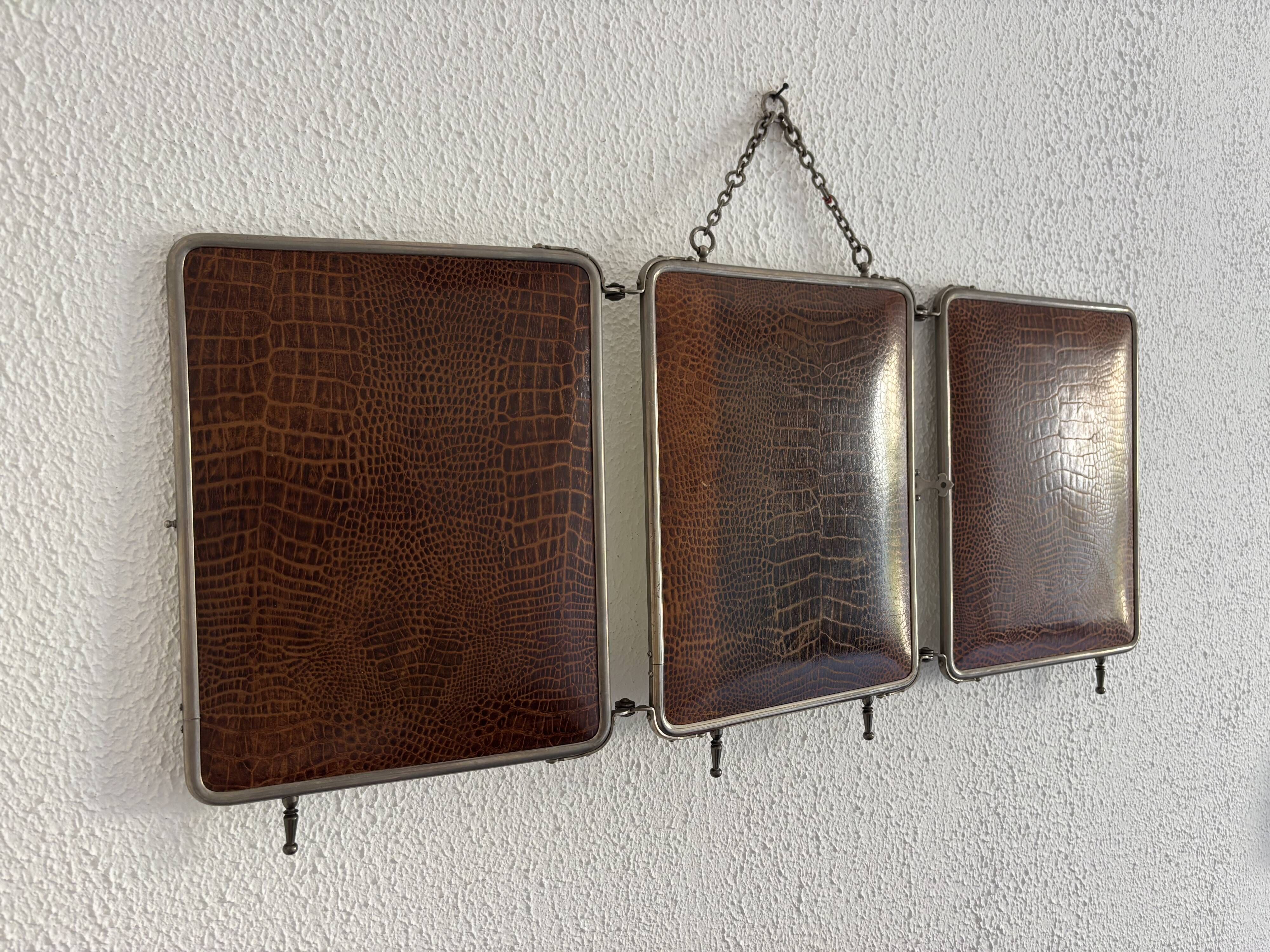 Vintage 1930s triptych barber mirror crocodile crystal - 30x69 cm