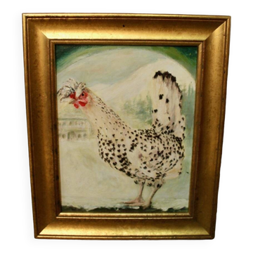 Huile sur toile "poule huppée"