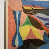 Vintage pastel cubist still life painting under glass and signed from 1967.