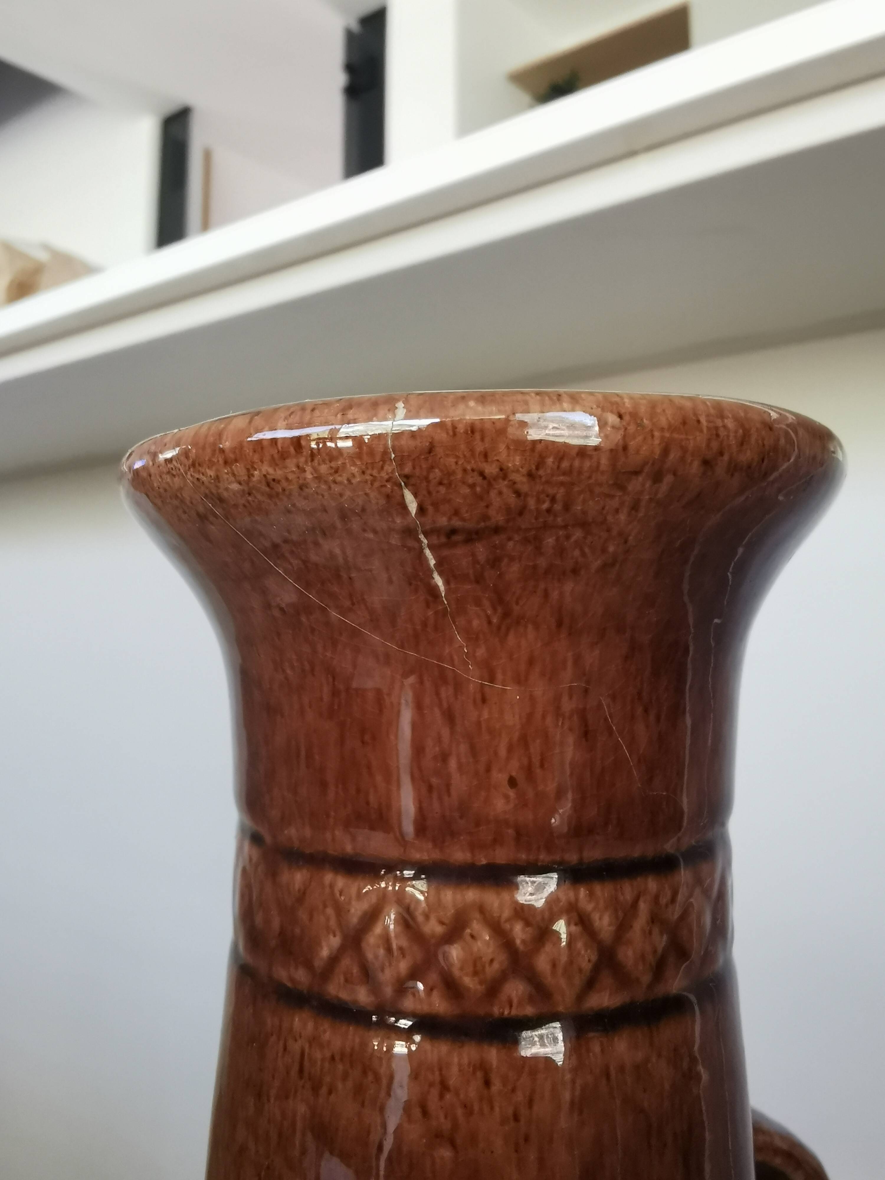 Vintage Amphora Vase: Large Brown Glazed Pottery with Grape Motif