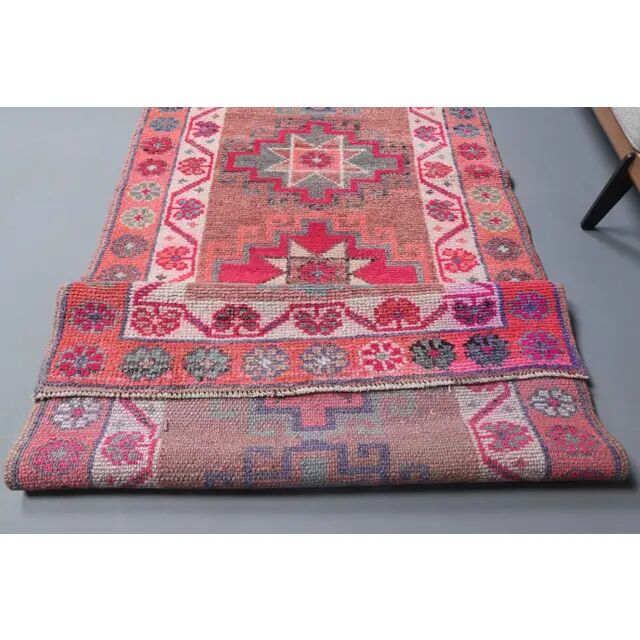 Vintage Turkish Oushak Handmade Wool Cotton Pink Runner 85x387
