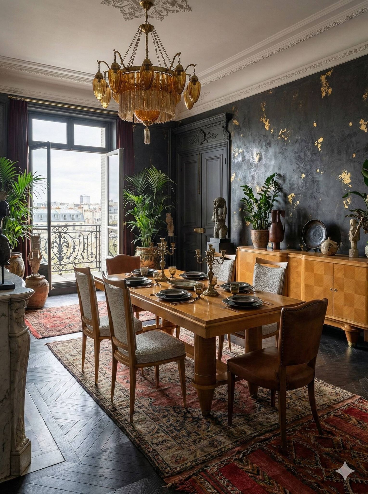 Dining room suite in sycamore, French Art Deco in the style of André Arbus, circa 1940.