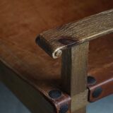 Pair of Spanish brutalist armchairs from the 1960s, wood and leather.