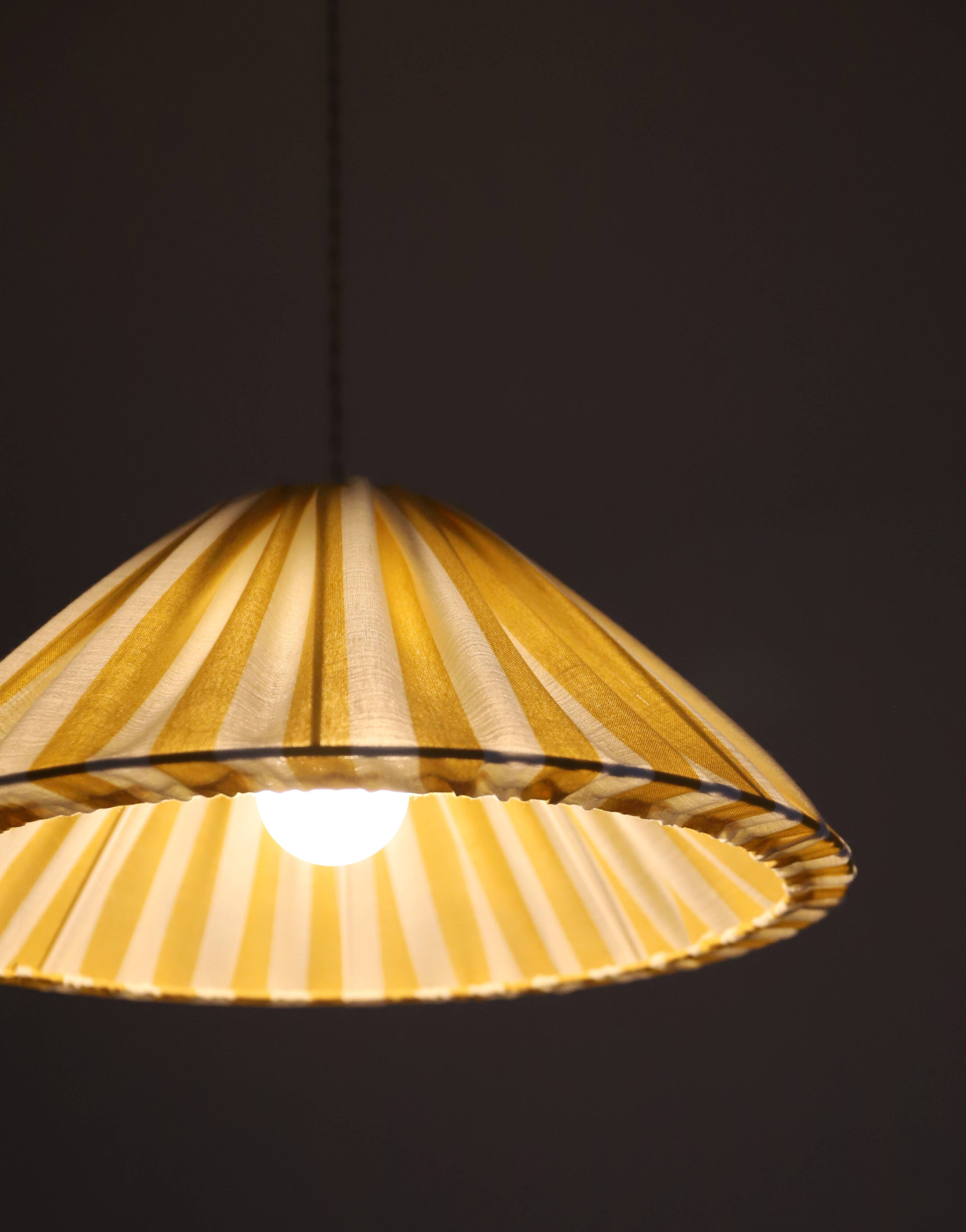 "Malala striped off-white and lemon yellow" conical shaped striped pendant light