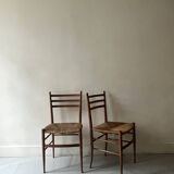 Set of 2 Italian chairs in wood and straw, Gio Ponti style 1950