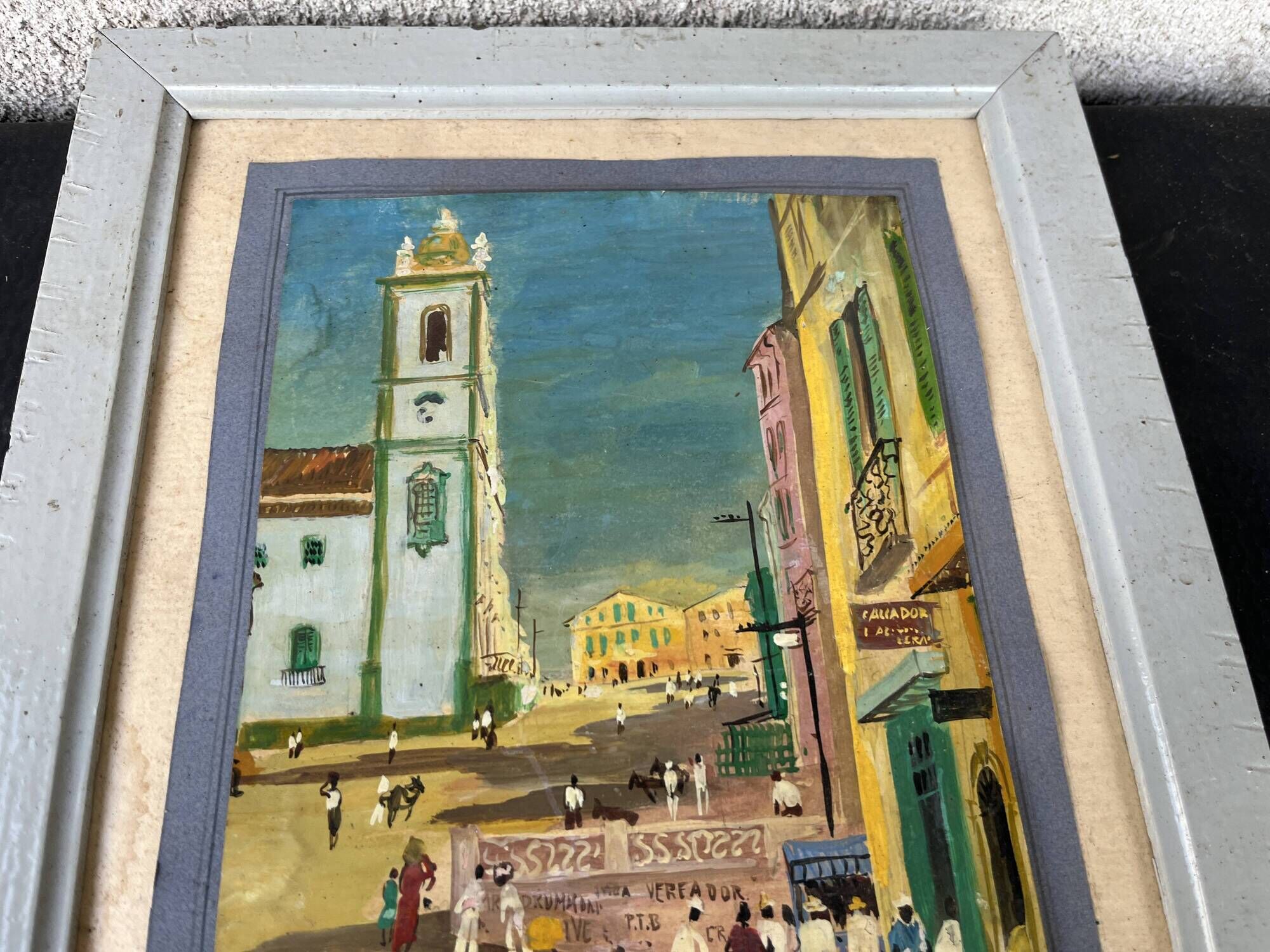 Tableau by Pierre Lagache, street scene in Bahia, Brazil, 1955, signed, framed.
