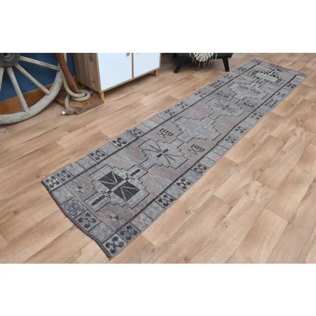 Vintage 1970s Geometric Turkish Oushak Handmade Brown Runner 82x354