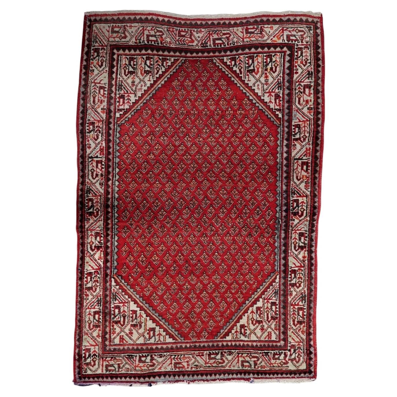 1950s Handmade Wool Boteh Rug, Red and Ivory, 104 × 156 cm - 1C1299