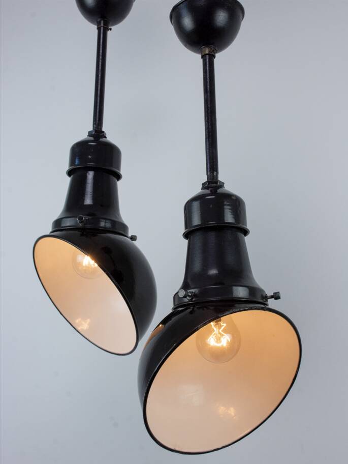 Set Of 2 Vintage Industrial Angled Enamel & Metal Black Lamps