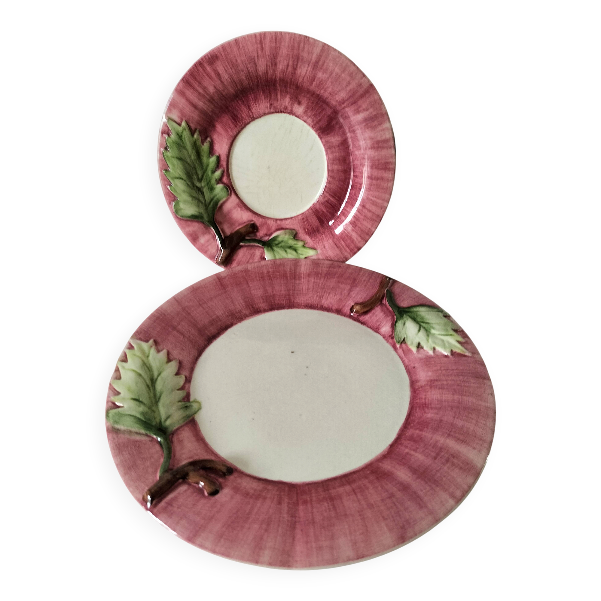 Two vintage leaf barbotine plates