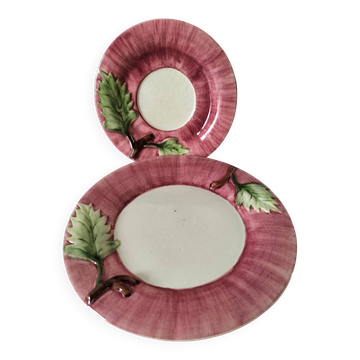 Duo assiettes barbotine feuilles vintage