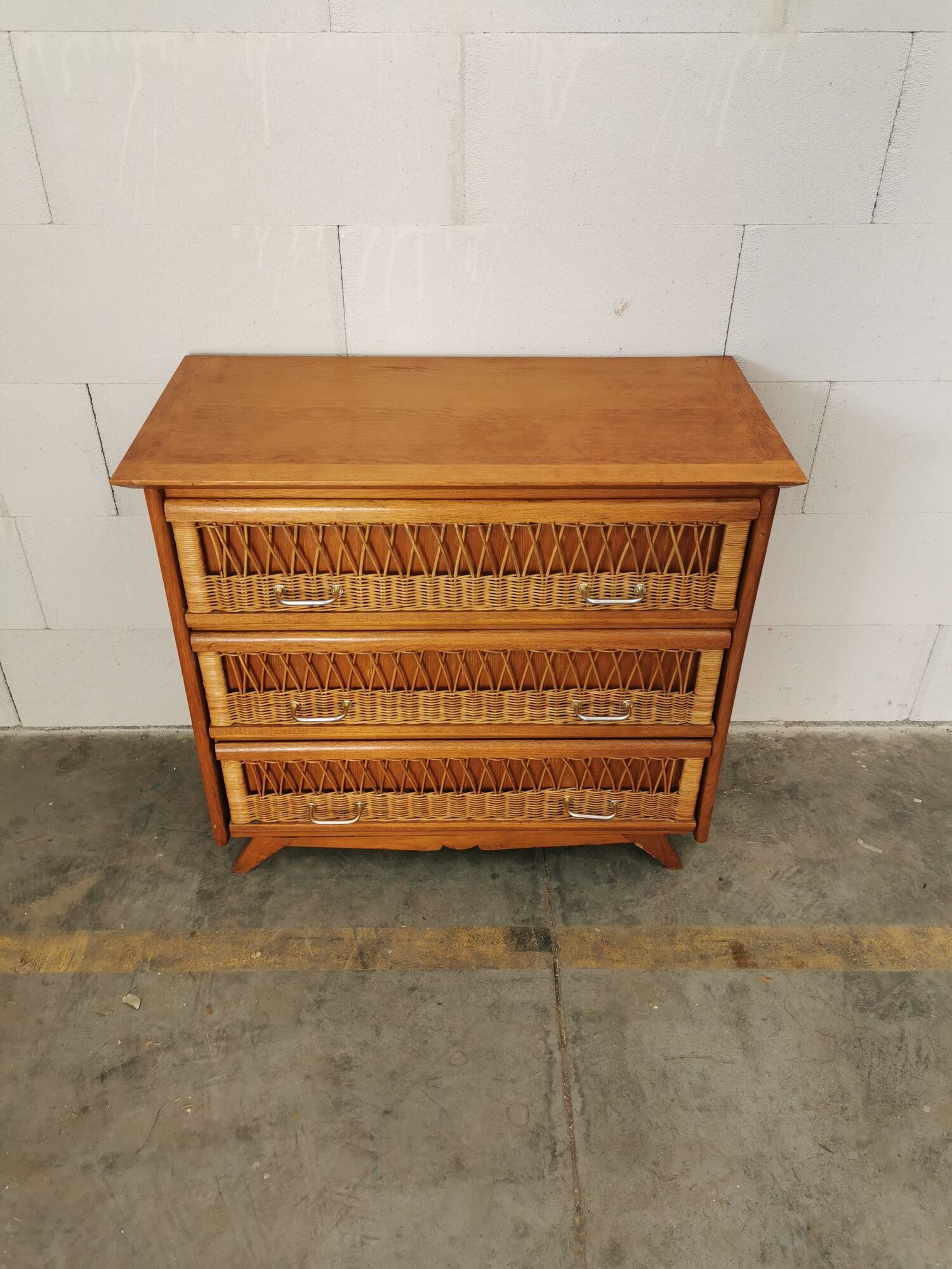 Vintage wood and rattan chest of drawers