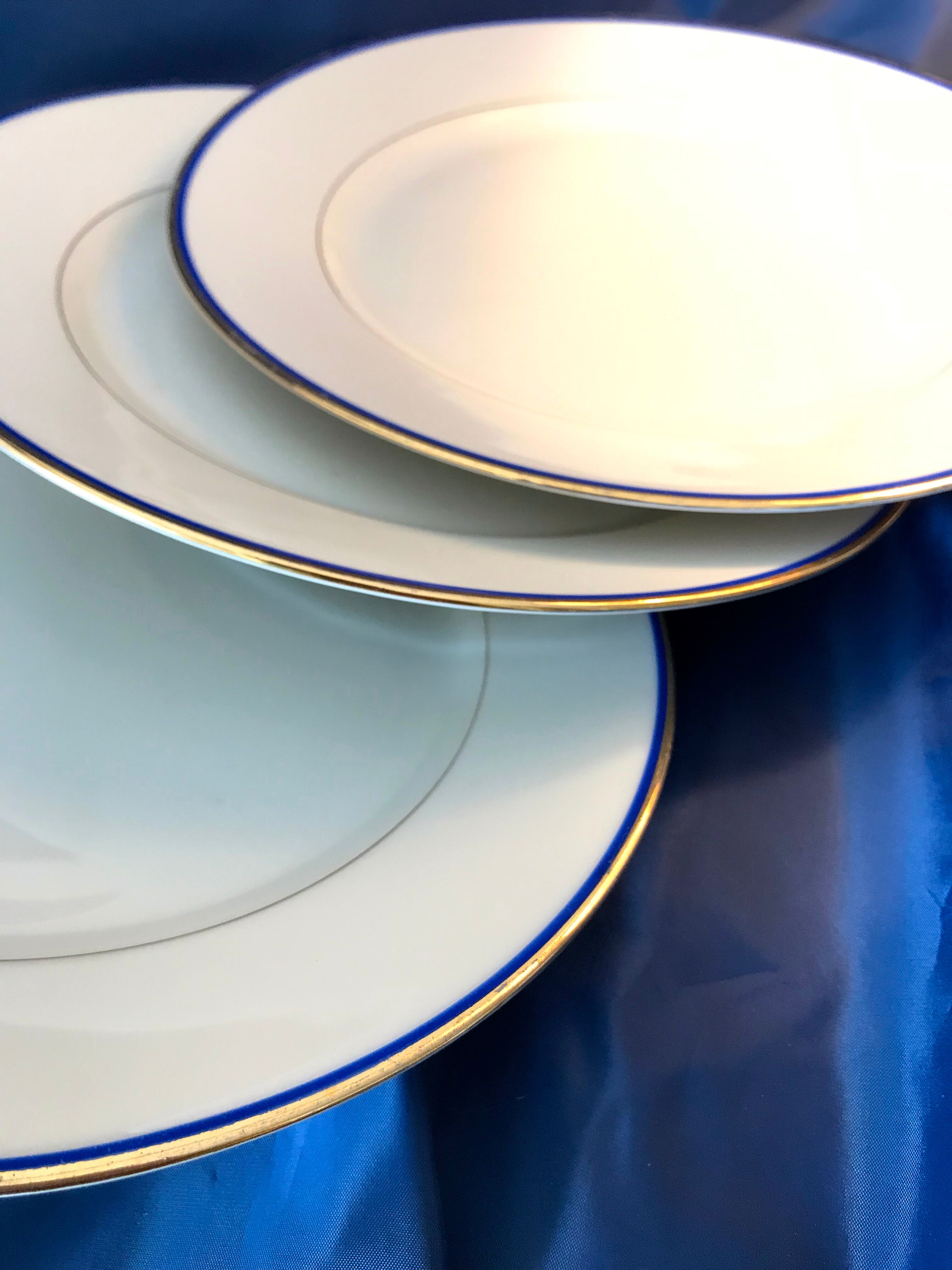 table service art deco limoges porcelain white border blue and gold 61 pieces signed