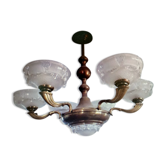 Art Deco chandelier in copper brass and molded waterdrop glass