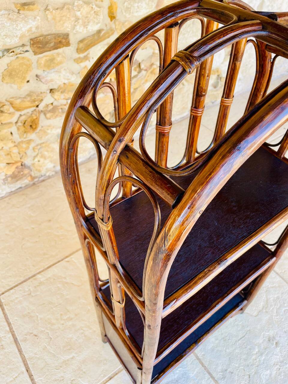 Vintage two-tier bamboo and rattan shelf with storage, Circa 1960