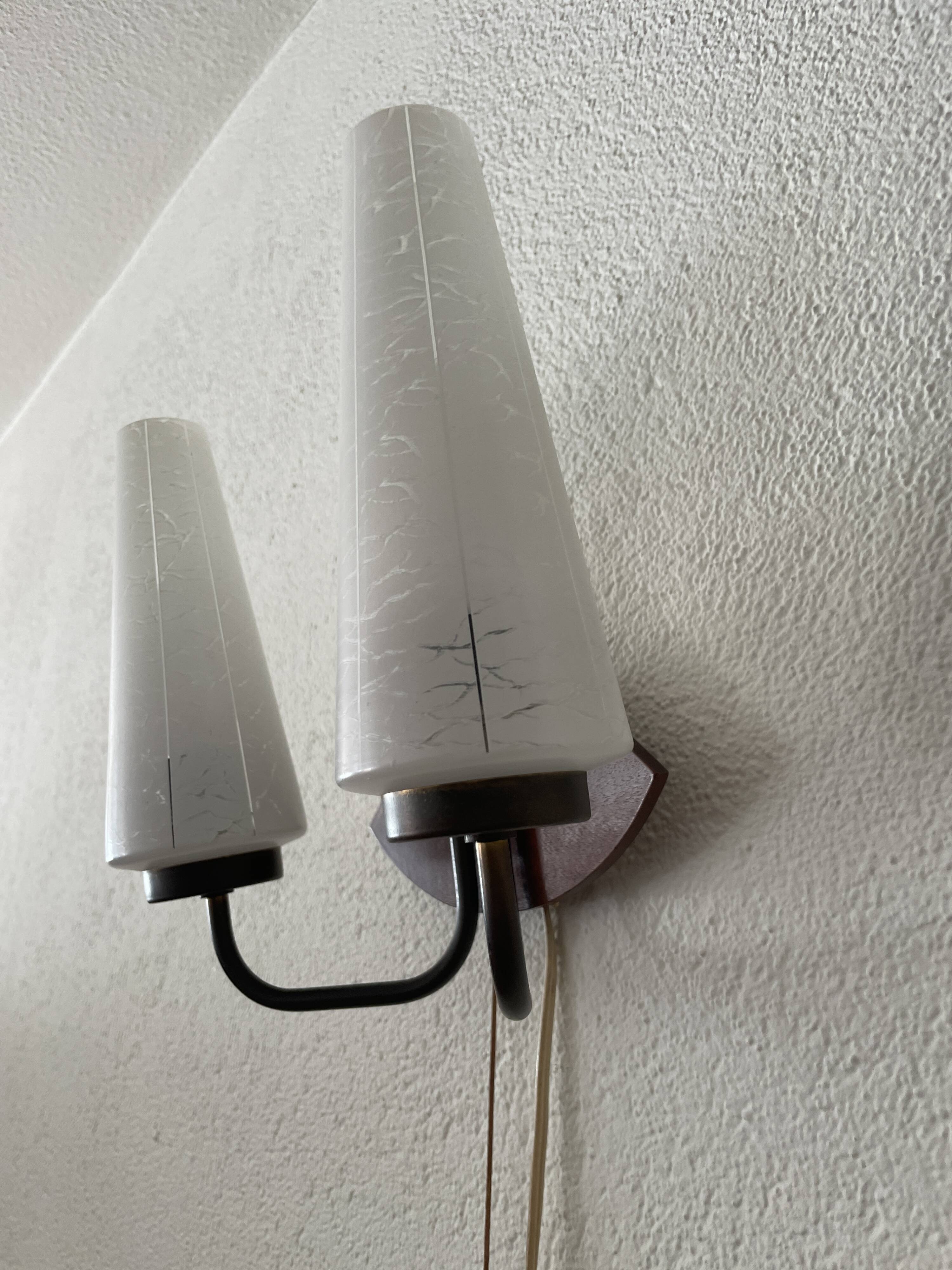 Art deco opaline, wood and brass 2 armed wall light