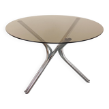 Vintage round dining table in smoked glass and chromed metal, Space Age style, from the 70s