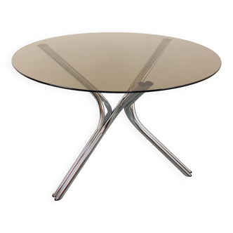 Vintage round dining table in smoked glass and chromed metal, Space Age style, from the 70s